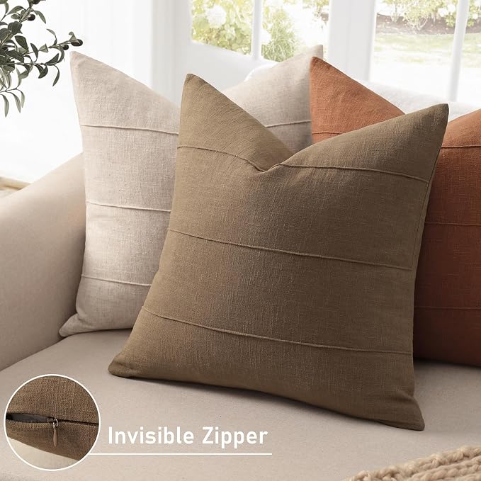 Decorative Linen Throw Pillow Covers 16x16 Set of 2 Solid Handcrafted Striped Cushion Covers for Bed Soft Modern Farmhouse Neutral Pillowcase for Couch Bedroom Living Room Home Decor(Coco Brown)