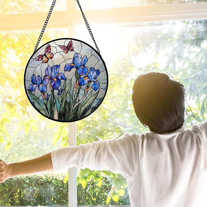 Stained Glass Window Hanging, Blue Iris Flowers Butterfly Suncatcher Diamond Colorful Glass Panel Sun Catchers Decor for Birthday for Women, Men, Wife, Aunt, and Mom 15x15 in