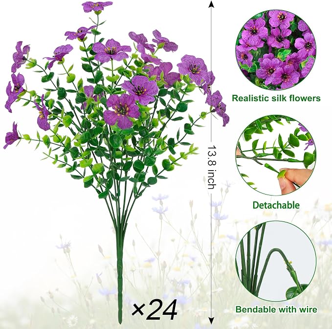 24 Pcs Artificial Flowers for Outdoors Decorations, Purple | Lifelike silk flowers, UV resistant, faux plastic plants, for garden porch window table vase home indoor outdoor decor