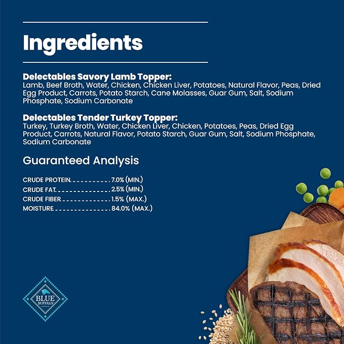 Blue Buffalo Delectables Variety Pack Dog Food Topper, 3 oz, 12 ct | Lamb & Turkey Recipes, Real Meat with Garden Veggies in Gravy, Single-Serve Pouches, Topper or Treat