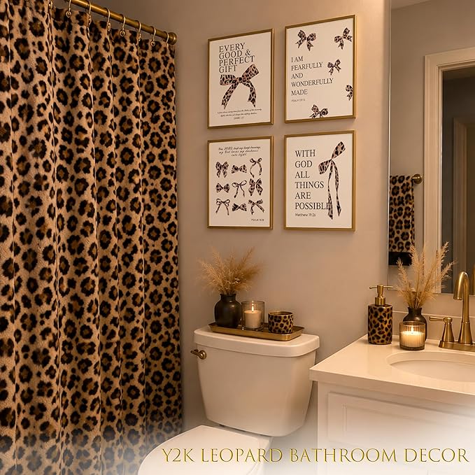 LARTSFRO Coquette Leopard Bow Wall Art Decor Posters, Y2K Cheetah Print Room Decor Aesthetic Bible Verses Inspirational Wall Art for Teen Girls Bedroom Dorm Bathroom, 10x8 Inch Set of 4 Pcs Cheetah Bow Pictures (UNFRAMED)