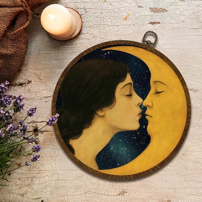KLYTINK Retro Celestial Decor,Romantic Moon and Young Girl Round Wall Art,Vintage-Inspired Celestial Canvas Print, Surreal Moon and Woman Hanging Decor for Bedroom, Gallery Wall, 10''x10''
