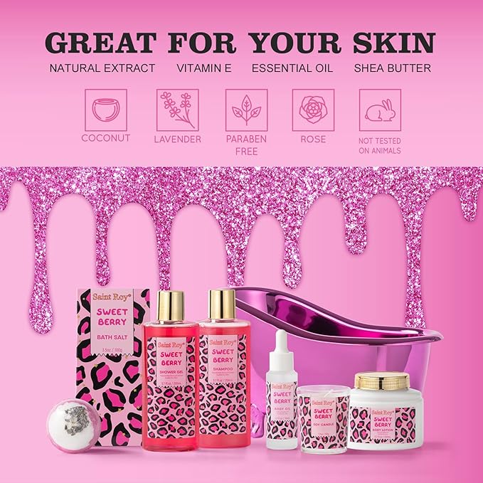 Mothers Day Gifts for Women, Bath and Body Gift Basket Set Home Bath Spa Gift Basket for Women Sweet Berry Bath Sets for Teens Gift Aromatherapy Home Spa Kit with Body Oil, Women's spa Kit Best Gifts