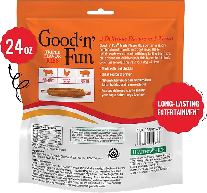 GOOD 'N' FUN Ribs Long-Lasting Dog Treat Made with Real Protein, 24 oz | Premium Chicken, Pork and Beef Hide Chew, Supports Dental Health and Mental Stimulation, For Adult Dogs