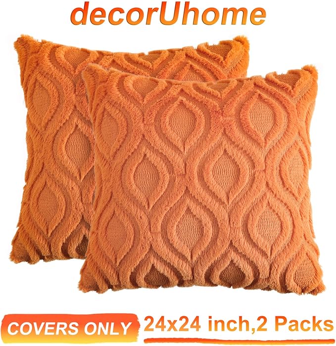 decorUhome Faux Fur Plush Soft Orange Throw Pillow Covers 24x24 Set of 2 | Plush Solid Fall Couch Pillow Covers, Accent Modern Farmhouse Neutral Decorative Square Pillow Cases for Sofa Bed Living Room