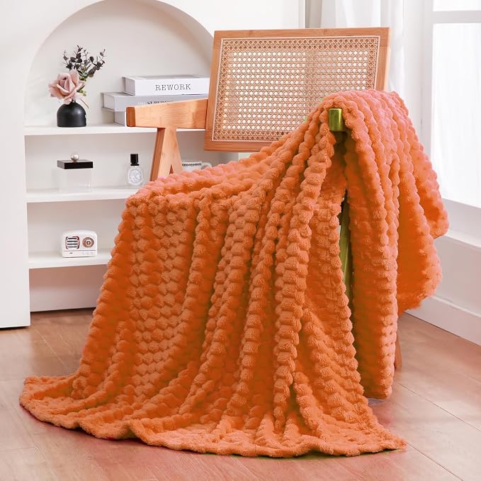 Puncuntex Burnt Orange Throw Blanket 60"×80" Fuzzy 3D Jacquard Decorative | Flannel Fleece Super Soft Plush Cozy Blanket for Couch Sofa Chair Lightweight