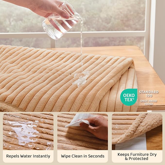Waterproof Calming Cat Blanket for Indoor Cats, Noiseless Soft Plush Dog Blanket for Pets, 500GSM Thick Faux Fur Pet Throw, Couch Furniture Protector for Puppy, Sand Beige, 25x30IN