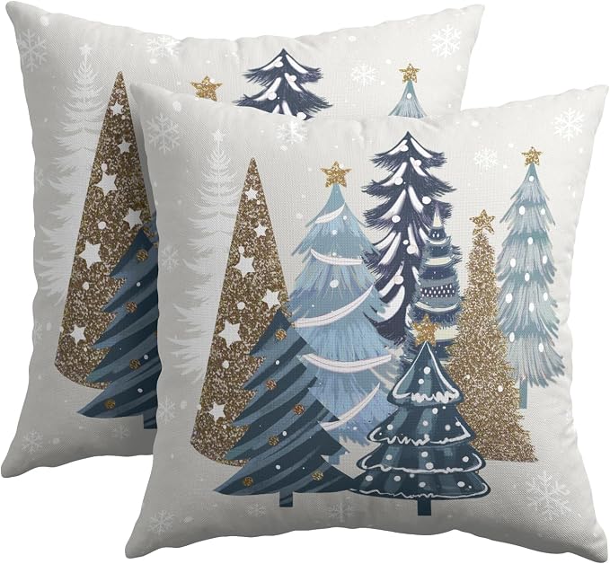 Kawani Blue Christmas Trees Pillow Covers 22x22 Inches, Set of 2 Xmas Winter Seasonal Snowflakes Pine Tree Cotton Linen Cushion Case Farmhouse Decorative Pillowcase for Home Sofa Couch