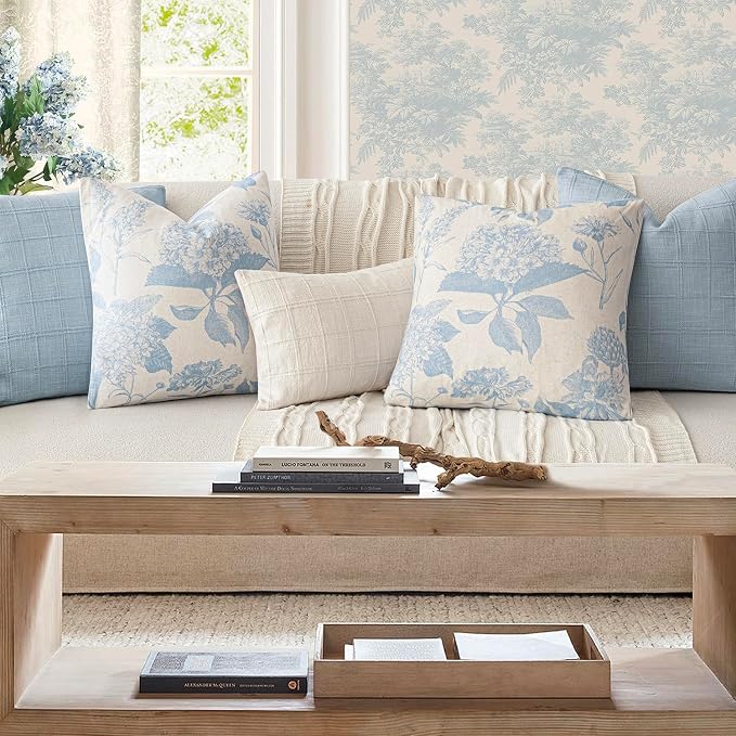 Foindtower Set of 2 Linen Floral Vintage Throw Pillow Covers Neutral Accent Decorative Cozy Cushion Covers Farmhouse Boho Home Decor for Sofa Chair Couch Bedroom Living Room,24×24 Inch,Sky Blue