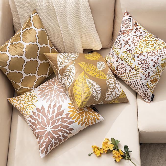 Phantoscope Set of 4 New Living Series Velvet Pillows Leaf Geometric Throw Decorative Velvet Pillow Cover Cushion Cover, Beige Gold 20 x 20 inches 50 x 50 cm
