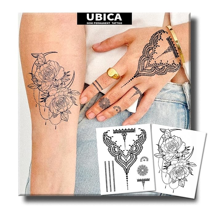 Semi-Permanent Tattoos, 2 Weeks Realistic Henna Polynesian Decorative Moon Flower Temporary Tattoos for Women Adults, Fingers Hand Arms Fake Tattoos, Waterproof and Non-Reflective, 2 Sheets