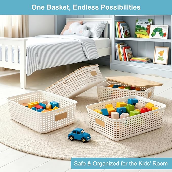 4 Pack Plastic Storage Bins with Bamboo Lids, 6.2qt Stackable Storage Organizer Box with Lable for Pantry Shelves Drawers Desktop Office, 12"L x 8.3"W x 3.5"H, Cream White