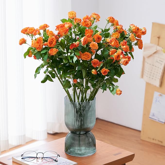 7.5 inch Vase for Flowers, Teal Ribbed Thickened Glass Vases, Hourglass Bud Flower Vase for Bookshelf, Dinner Table, Indoor Office Desktop, Meeting Room, Bathroom, Home Decor, Christmas Decoration