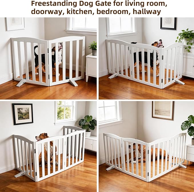 ZJSF Foldable Freestanding Indoor Dog Gate for House Wood White Long Pet Gates Dog Fence for Stairs Puppy Gates for Hallways,Pet Fence, Puppy Gate,Support Feet Included 32 "Height-2 Panels
