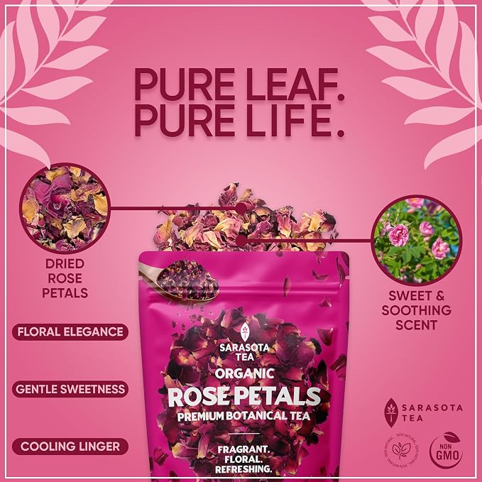 Organic Rose Petals 4.4oz | USDA Organic Dried Rose Petals for Tea, Culinary & Baking | Edible Rose Flowers | Caffeine Free Herbal Tea | Non-GMO | Floral & Aromatic