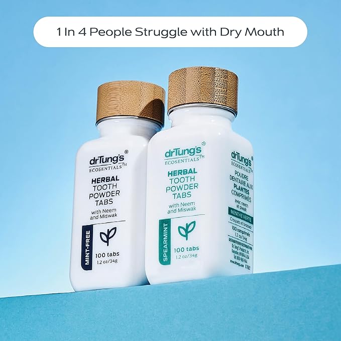 drTung's Herbal Toothpaste Tablets - Toothpaste Tabs for Dry Mouth Relief, Natural Tooth Powder Tablets for Fresh Breath, Fluoride Free, Travel Size, Vegan, Non-GMO - Spearmint (100 Tabs), 3-Pack