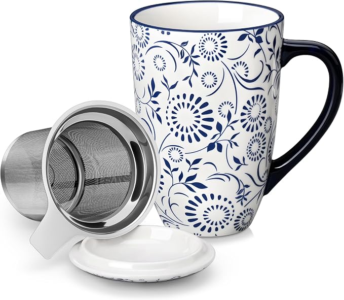 vancasso SELENE Porcelain Tea Mug, 18 oz Porcelain Tea Cup with Infuser and Lid Steeps Loose Leaf Tea, Microwave & Dishwasher Safe, Floral Bloom