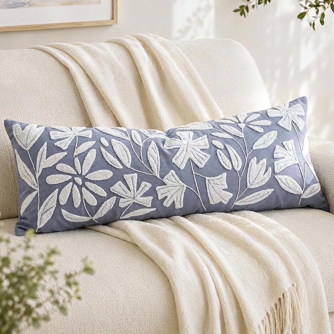 Long Lumbar Pillow Cover 14x36 for Bed, Coastal Dusty Blue Floral Tufted Velvet Accent Oversize Throw Pillowcase for Bedroom, Cover Only