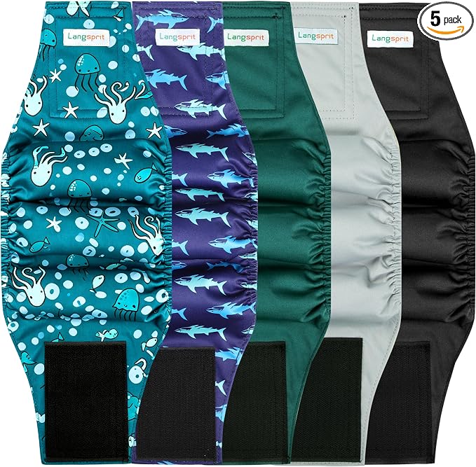 Langsprit Small Male Dog Diapers for Doggie Puppy,Reusable Belly Bands for Male Dogs Wraps,Washable Doggy Dog Diapers Medium Large in Incontinence 5 Pack (Brown, Green, Grey, X-Small