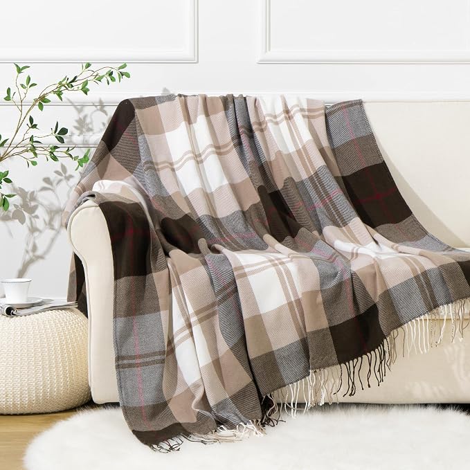 Brown Plaid Throw Blanket for Couch, Fall Buffalo Plaid Blanket 50"x60" | Lightweight Farmhouse Throw Blanket, Rustic Country Blankets, Decorative Woven Throws with Tassels, Ideal for Bed Sofa Men