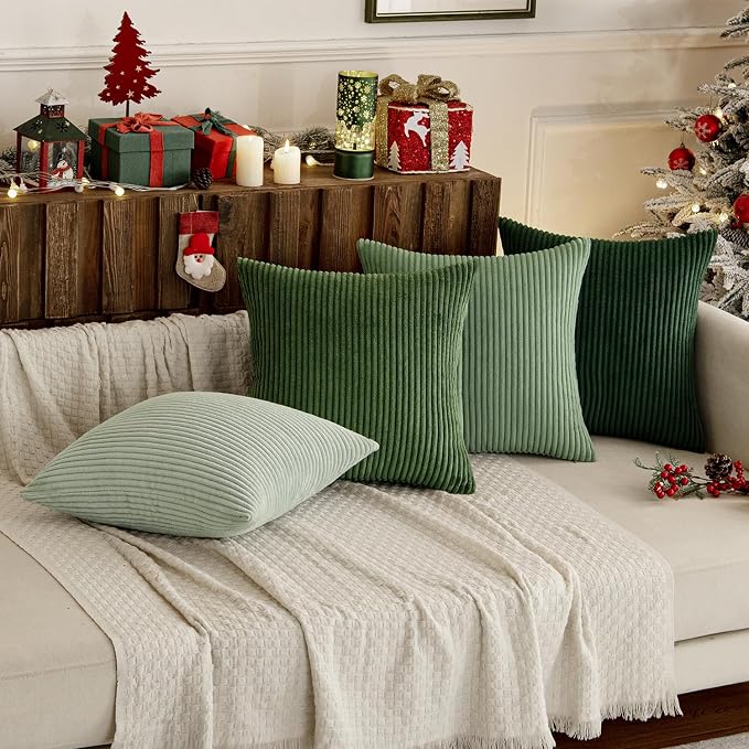 MIULEE Soft Corduroy Decorative Throw Pillow Covers Forest Green 24x24 | Set of 4, Mordern Nordic Home Decor, Gradient Color Matching, Boho Farmhouse Cushion Covers for Couch Bed Sofa Living Room