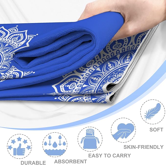 Yoga Towel,Absorbent Yoga Mat Towel for Hot Yoga Non Slip,Stylish Prints,Ideal for Workouts,Hot Yoga,Bikram,Pilates Equipment,72 x 27 in,Blue Mandala
