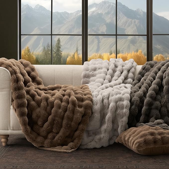 Faux Rabbit Fur Bubble Throw Blanket, 60"x80", Natural Tan | Ultra Soft, Luxury Faux Rabbit Fur Throw, Thick Warm Bubble Blanket, Cozy Fluffy Reversible, for Bed, Couch, Chair, Sofa