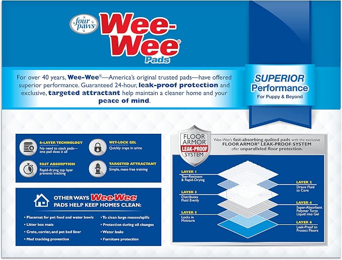 Four Paws Wee-Wee Superior Performance Dog Pee Pads, 150 Count | Quilted leak-proof puppy pads, dog housebreaking & potty training, 24-hour floor protection, pet supplies, 22" x 23"
