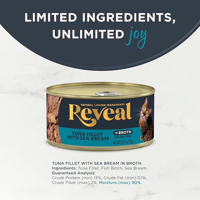 Reveal Natural Wet Cat Food, 24 Count, Grain Free, Limited Ingredient Canned Food for Cats, Tuna with Sea Bream in Broth, 2.47 oz Cans | 100% Natural, High Quality Protein, Limited Ingredient, Grain Free, No Fillers, No Artificial Additives, No By-Prod...