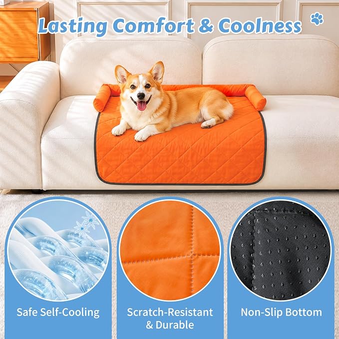 Cooling Dog Bed Mats with Neck & Head Support, 35.43 x31.5 inch Orange | for Small and Medium Dogs & Cats, Non-Slip, Machine Washable, Protects Sofa from Fur & Scratches