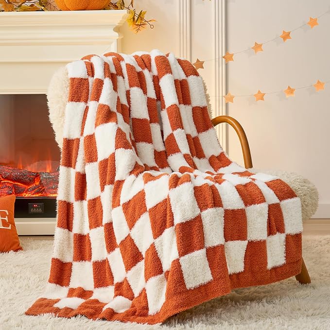 Snuggle Sac Orange Throw Blanket for Fall,Soft Fall Checkered Blanket for Couch, Cozy Faux Fur Knit Microfiber Blankets for Sofa, Bed, Orange Checker,50x60 inches