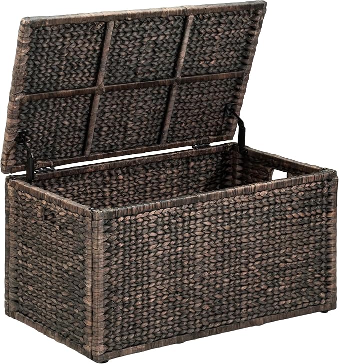 Wicker Storage Trunk, Brown Wash, 36x20x18.5 | 2 Safety Hinghes, Metal Frame, Heavy-duty, Water Hyacinth