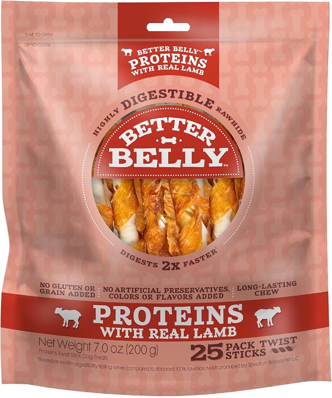 Better Belly Protein Twists Highly Digestible Dog Treats, 25 Count | With Real Lamb, Long-Lasting Digestible Chew, No Grain Added, No Artificial Colors Or Flavors, For Adult Dogs