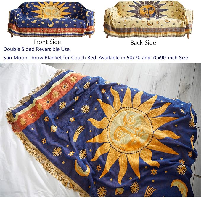 Erke Sun Blanket Hippy Celestial Couch Sheet Cover Wicca Home Decor 70"x90" | Sun Moon Witchy Hippie Decoration, Double Sided Cotton Woven 90s’ Throws Blankets for Couch Bed