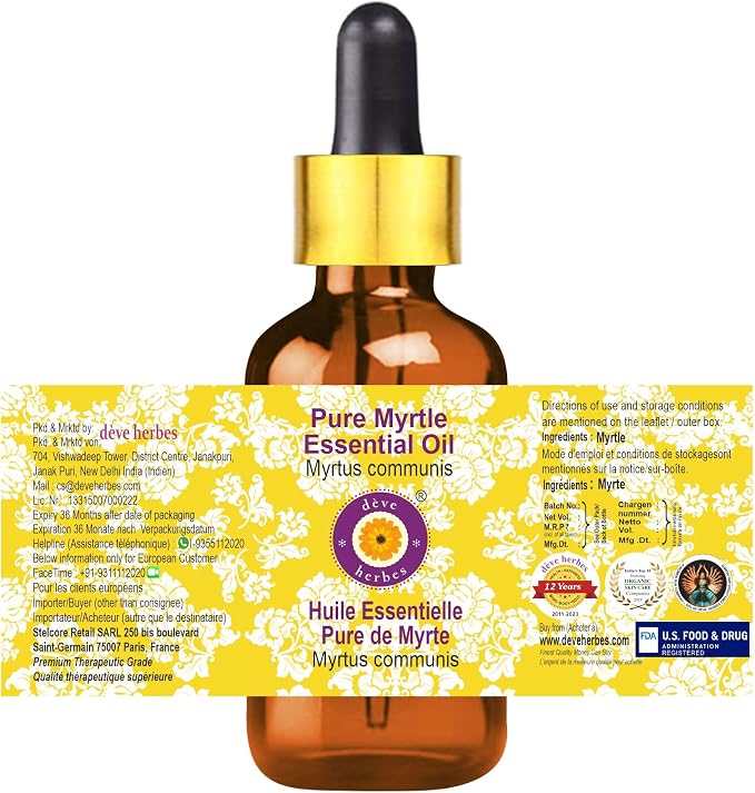 dève herbes Myrtle Essential Oil (Myrtus communis) with Glass Dropper | Pure | Non-Sticky | Non-Greasy | Lightweight | Men & Women | All Skin Types | Steam Distilled 5ml (0.16 oz)