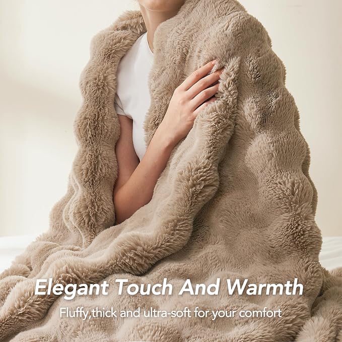 L'AGRATY Faux Rabbit Fur Throw Blanket for Couch, 50'' x 60'', Light Linen | Soft Cozy Bubble Fluffy Blanket for Sofa Bed, Thick Warm Plush Fuzzy Throw for Room Home Decor, Luxury Gift for Women Mom