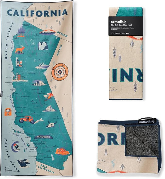 Nomadix Original Towel - Perfect for Beach, Pool, Travel, Camping, Yoga - Made with Recycled Materials - Super Absorbent - Sand Resistant (California Map)