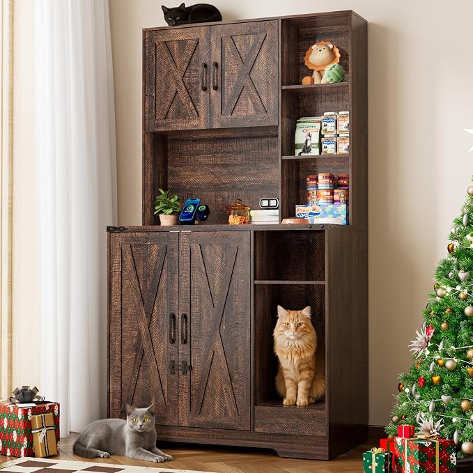 71Inches Tall Cat Litter Box Enclosure for Cats W/Power Outlets,Open Shelves.Wooden Pet Washroom Furniture W/Locks,Cabinet.Indoor Cats House,Hidden Cat Litter Box for Living Room,Bedroom(Brown-3)