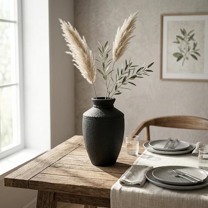 Black Rustic Ceramic Vase - 10 Inch Large Pottery Flower Vases for Home Decor Farmhouse Minimalist Vase for Living Room Centerpiece for Fireplace Entryway Shelf Kitchen Decor