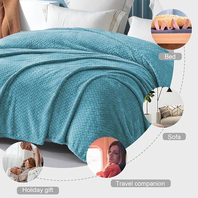 Exclusivo Mezcla Fleece Throw Blanket for Couch Sofa, 50”x70”, Slate Blue | Oversized Soft Cozy Fluffy Blankets for Summer, Decorative Plush Flannel Throws for Living room, Bedroom with Leaves Pattern