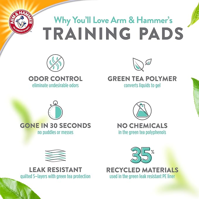 Arm & Hammer Green Tea Pet Training Pads, 8 Count | Super absorbent, baking soda infused, 2x odor control, 5-layer leak-proof design, 22.5 x 22.5 in, daily