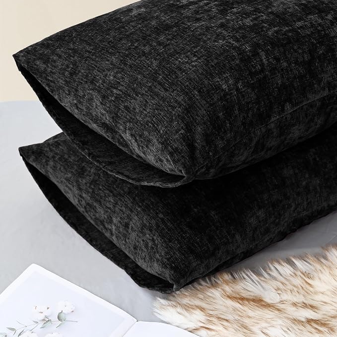 CaliTime Decorative Standard Throw Pillow Covers 26 X 20 Inches Black | Pack of 2, Cozy Chenille Cushion Cases for Sofa Bed Living Room Farmhouse Home