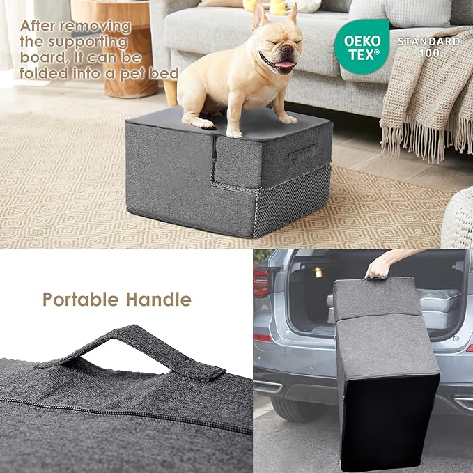 EHEYCIGA Dog Stairs for Small Dogs 13.5" H, 3-Step Extra Wide Dog Steps for Couch Sofa and Chair, Pet Steps for Medium Cats, Non-Slip Balanced Pet Ramp Indoor, Grey