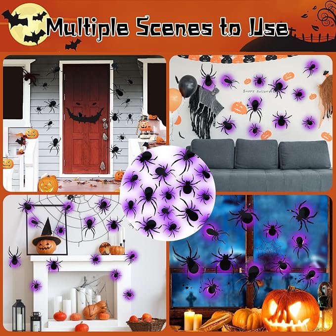 DR.DUDU 36 Pack Halloween Wall Decor Light up Spiders, Purple | 3D Spider Stickers, Removable Wall Decals, Assorted Sizes, PVC, Window Decorations, For Indoor Outdoor Bathroom Home Party