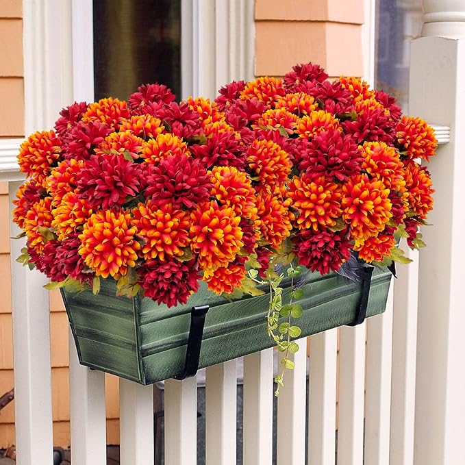 4 Bundles Large Artificial Fall Flowers Faux Mums for Outdoor Planters | Silk Fake Chrysanthemums Bouquet for Home Vase Outside Front Porch Table Floral Arrangement Wedding Autumn Decor