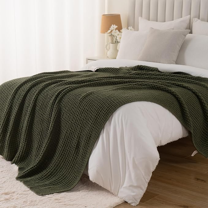 Olive Green Throw Blanket for Couch, Waffle Knit Blanket Throw 60"x80" | Chunky Chenille Throw Blanket, Soft Dark Green Throw Blanket for Home Decor, Sofa, Men, Modern Farmhouse Knitted Style