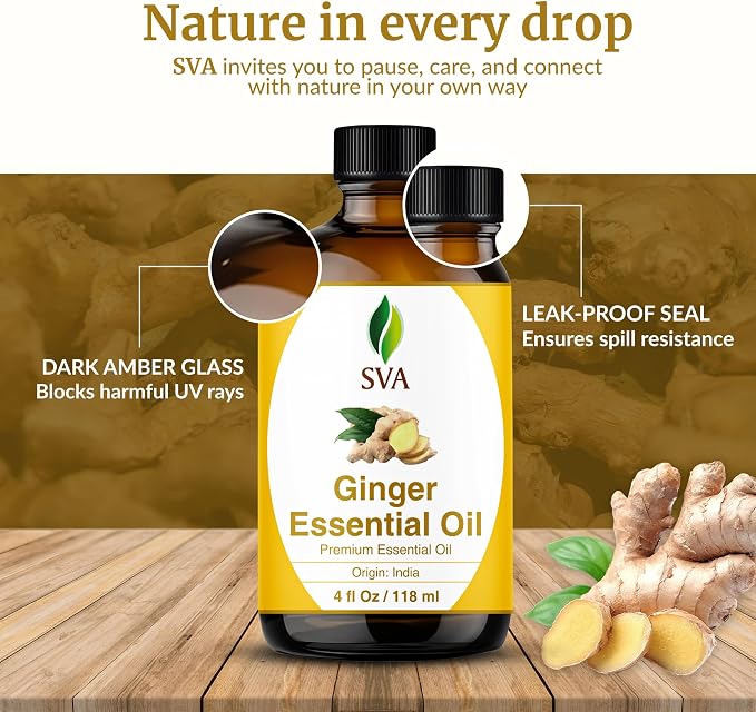SVA Ginger Essential Oil 4 Fl Oz – for Diffuser, Skin & Hair Care – Ideal for Massage & DIY Blends - with Dropper