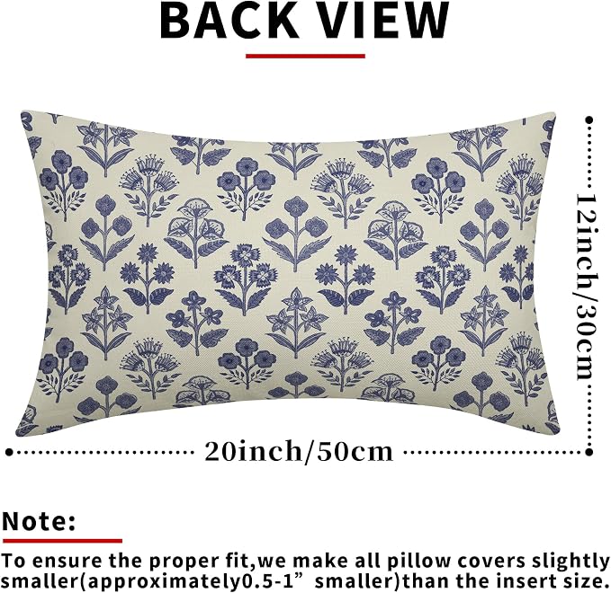 Navy Blue Floral Pillow Covers 12x20 Inch Set of 2, Block Print Lumbar Flower Cream Decorative Throw Pillowcases Outdoor Farmhouse Rectangle Cushion Covers Spring Summer Sofa Couch Bed Decor