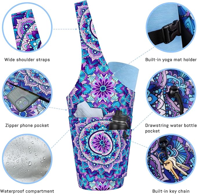 Mandala Yoga Mat Bag with Large Waterproof Zipper Pocket and Drawstring Pocket Long Tote Yoga Mat Carrier Holder Bags Fit Most Size Mats