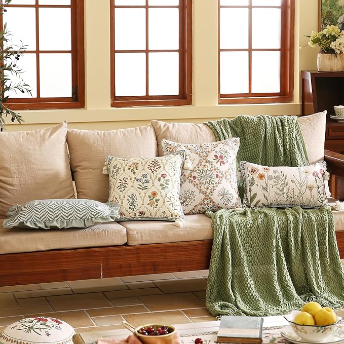 Vintage Linen Throw Pillow Cover,Set of 2,18"x18"-Serenity A | Designer Elegant Square Pillow Cover,Concealed Zipper Design,Floral Pattern,Sofa,Bedroom,Living Room,Lounge Chairs